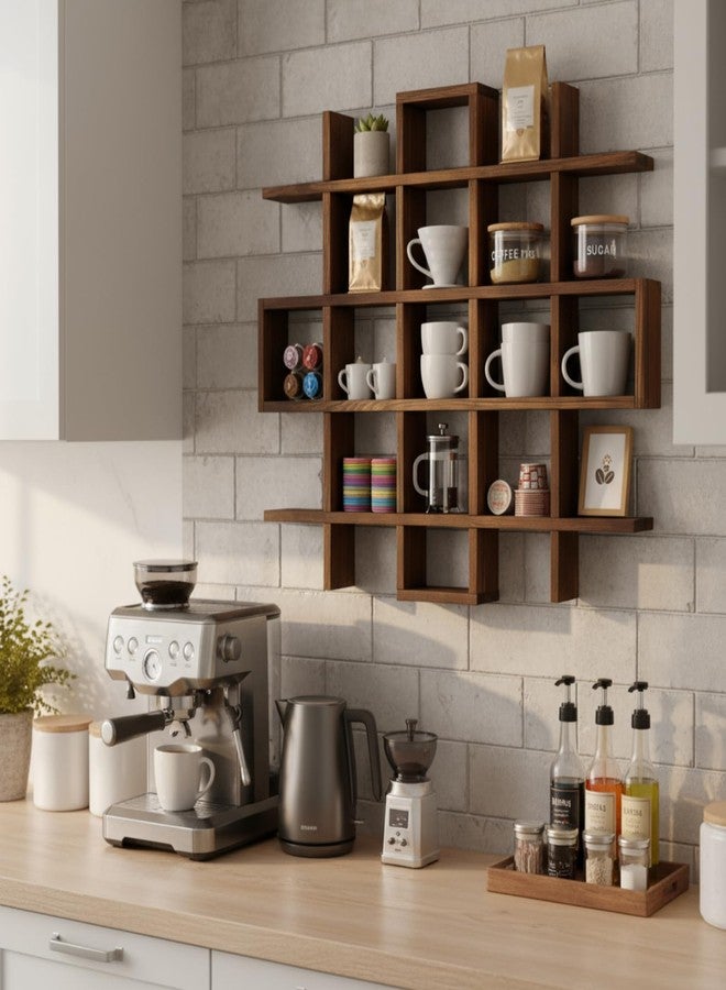 Suzile Oversize Coffee Mug Display Rack Wooden Display Shelves Rustic Wooden Floating Curio Shelf Travel Wall Mounted Coffee Mug Rack Holder Shadow Box Shelf (Grid Size 5.1x5.1x3in,Rustic Brown) - Image 5