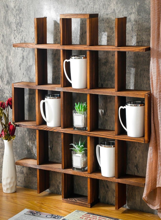Suzile Oversize Coffee Mug Display Rack Wooden Display Shelves Rustic Wooden Floating Curio Shelf Travel Wall Mounted Coffee Mug Rack Holder Shadow Box Shelf (Grid Size 5.1x5.1x3in,Rustic Brown) - Image 1