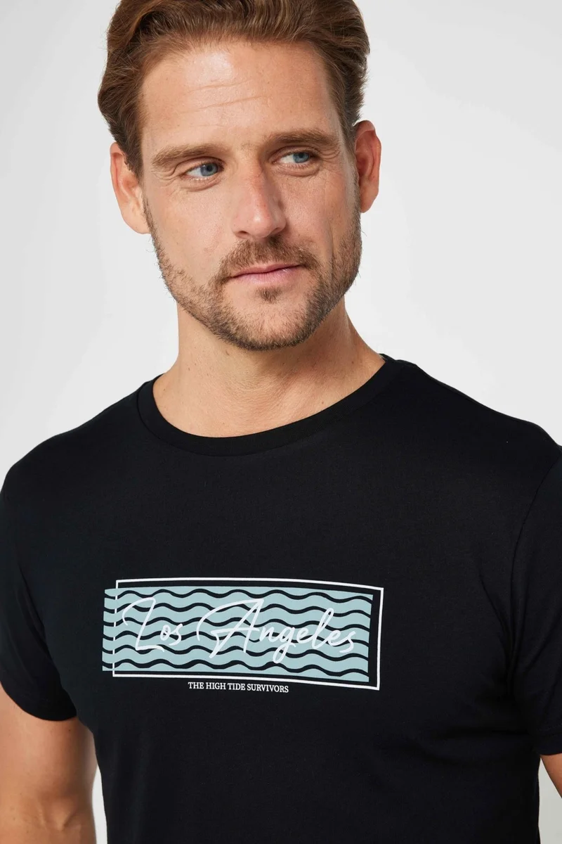 تودورس Men's Slim Fit Narrow Cut Cotton Soft Textured Printed Black Crew Neck T-Shirt