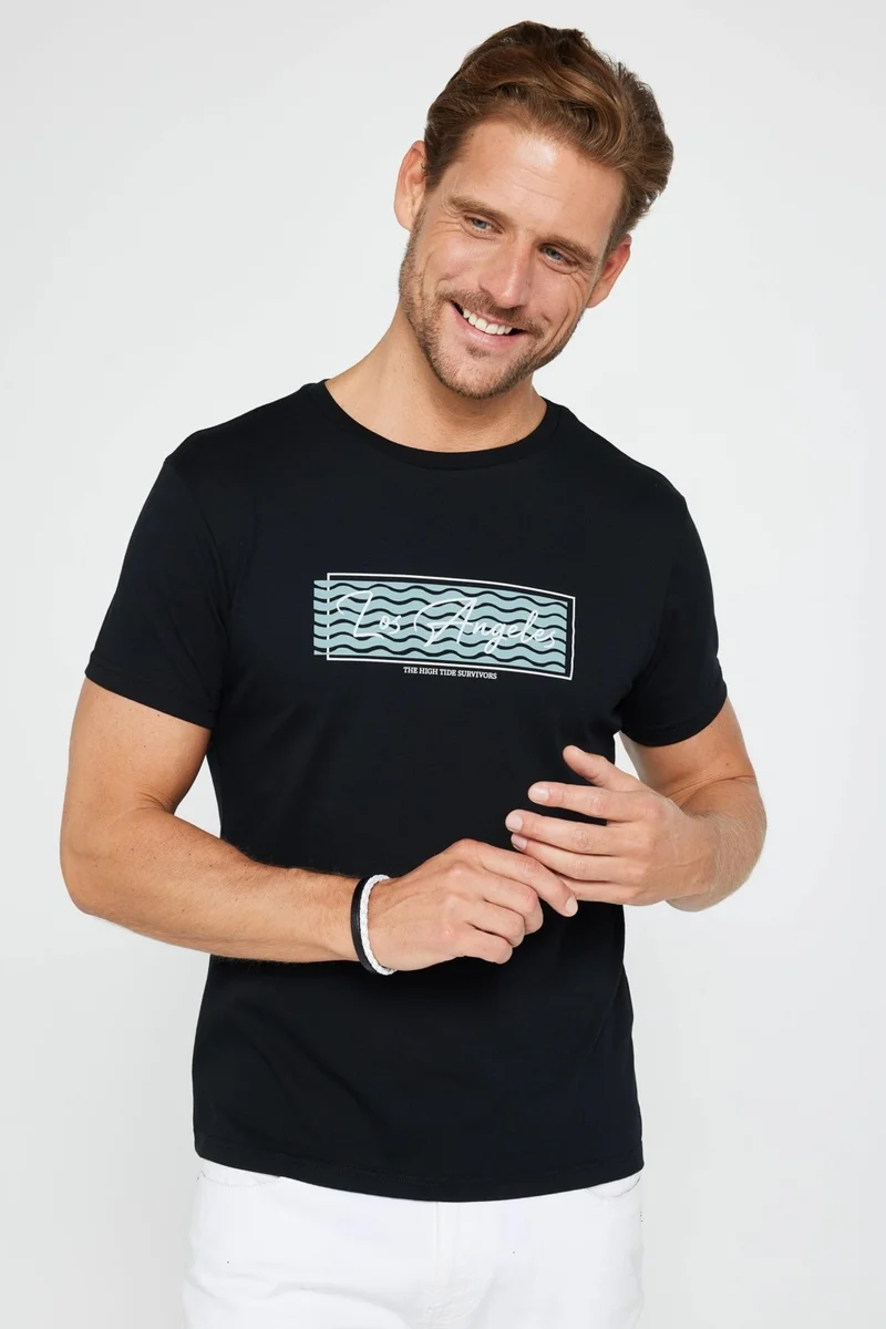 تودورس Men's Slim Fit Narrow Cut Cotton Soft Textured Printed Black Crew Neck T-Shirt