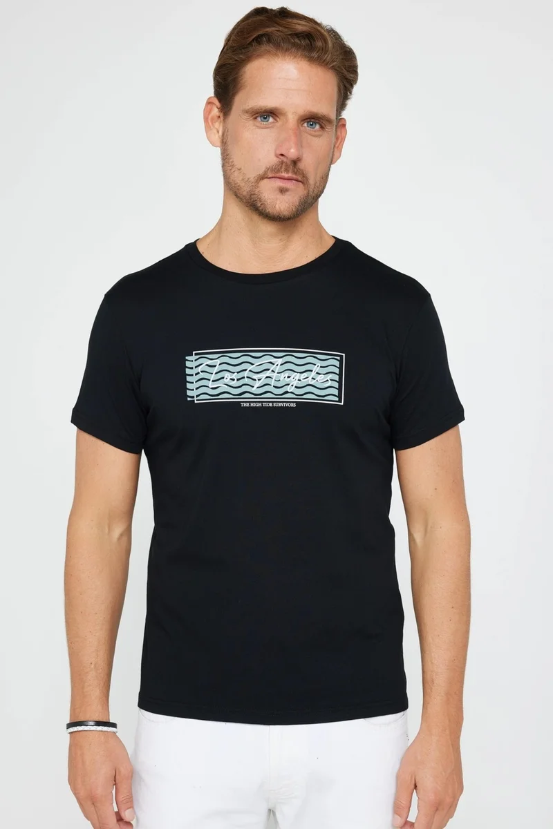 تودورس Men's Slim Fit Narrow Cut Cotton Soft Textured Printed Black Crew Neck T-Shirt
