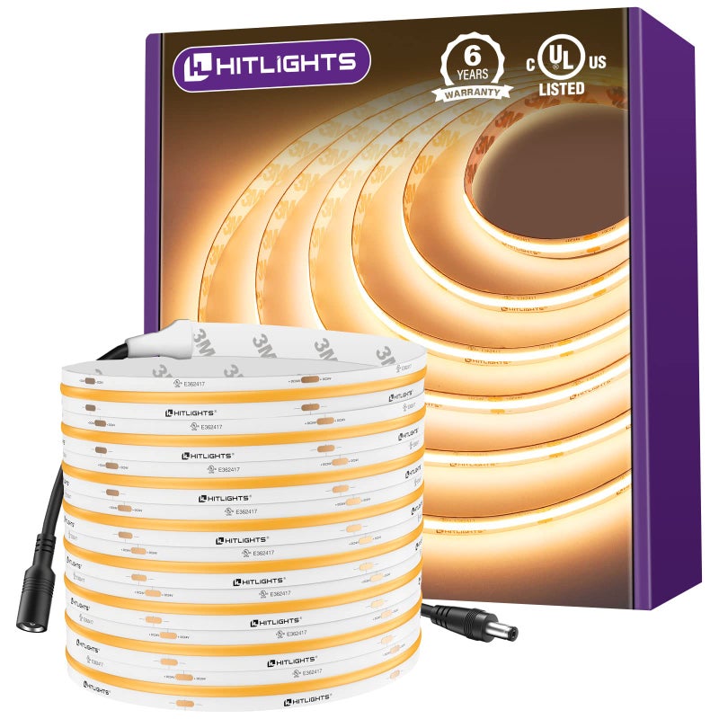 HitLights COB LED Strip Lights Warm White 2700K, 16.4ft Premium High Density 24V Tape Light, 2560 LEDs, 350+ LM/FT, CRI 90+, IP30, Lighting for Kitchen, Cabinets, UL Listed (Power Source Not Included) - Image 1