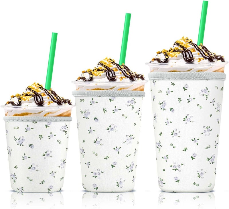 كي بي اكس 3 Pack Iced Coffee Cup Sleeve for Large Sized Cups, Reusable Neoprene Iced Coffee Cup Holder for Hot Cold Drinks, Compatible with Starbucks, Dunkin Donuts, and More（Gray Flower） - Image 1