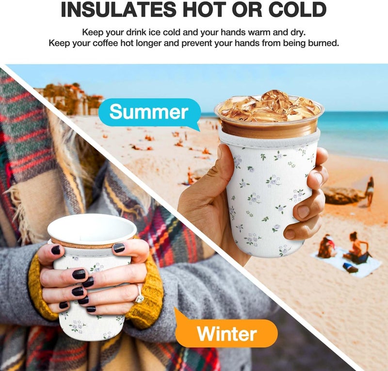 كي بي اكس 3 Pack Iced Coffee Cup Sleeve for Large Sized Cups, Reusable Neoprene Iced Coffee Cup Holder for Hot Cold Drinks, Compatible with Starbucks, Dunkin Donuts, and More（Gray Flower） - Image 4