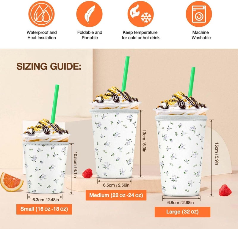كي بي اكس 3 Pack Iced Coffee Cup Sleeve for Large Sized Cups, Reusable Neoprene Iced Coffee Cup Holder for Hot Cold Drinks, Compatible with Starbucks, Dunkin Donuts, and More（Gray Flower） - Image 2