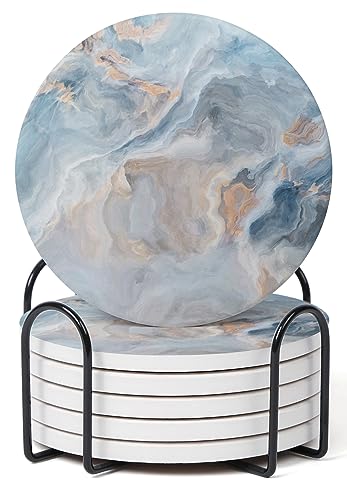 Hoomey Set of 6 Abstract Blue Marble Coasters with Holder Absorbent Ceramic Coasters for Drinks Coasters with Cork Backing for Table Protection Housewarming Gifts for New Home