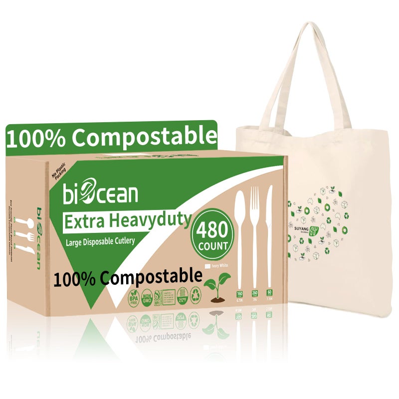 Biocean Extra Heavyduty Compostable Cutlery Set No Plastic Forks Spoons Knives Disposable Utensils Biodegradable Fork Eco Friendly Silverware Serving Flatware for Party BBQ Daily Use Events Picnic - Image 1