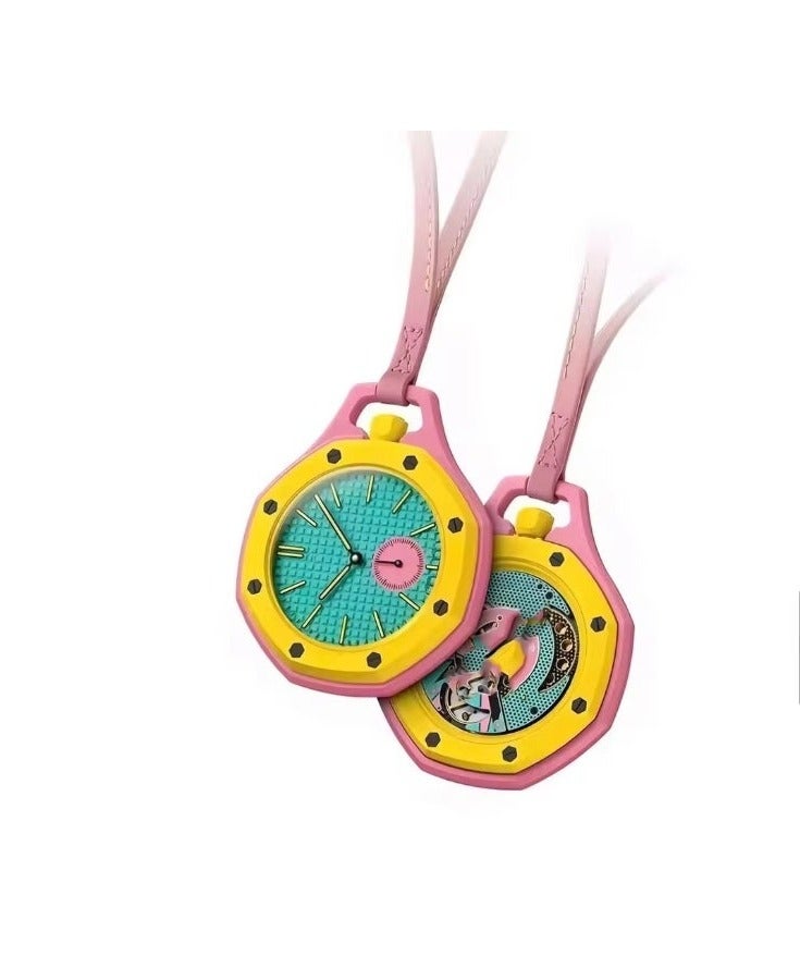 BlueFire Yellow & Teal Octagonal Designer Pocket Watch – Textured Dial Manual Wind Mechanical Watch | Sculpted Geometric Case in Bioceramic Finish | Artistic Skeleton-Style Craft Design | Pink Subdial Fashion Pendant Watch with Leather Lanyard - Image 1