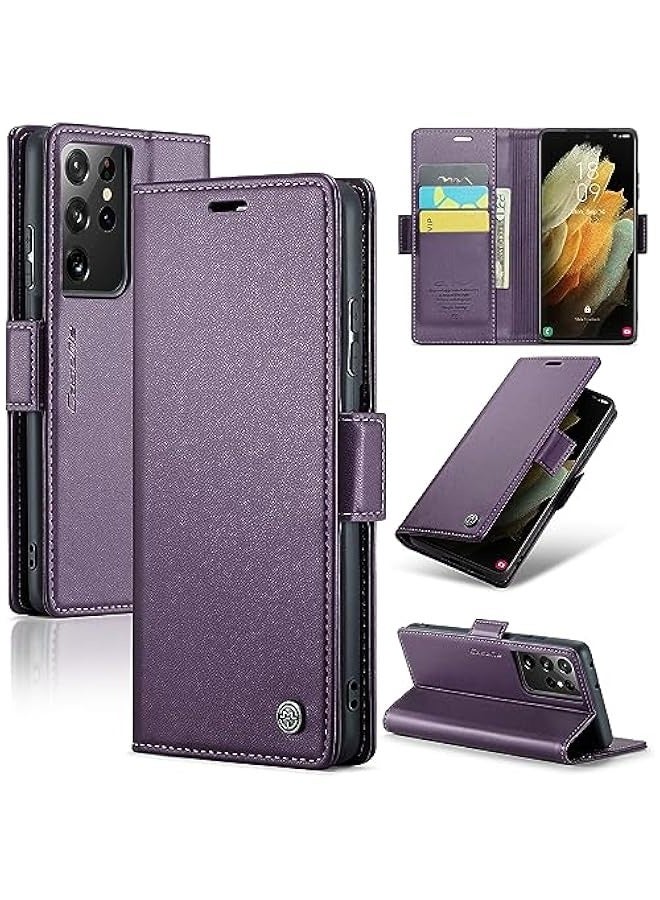 Samsung Galaxy S21 ULTRA RFID Blocking Case with Card Holder - Durable Leather Flip Case (Purple) - Image 1