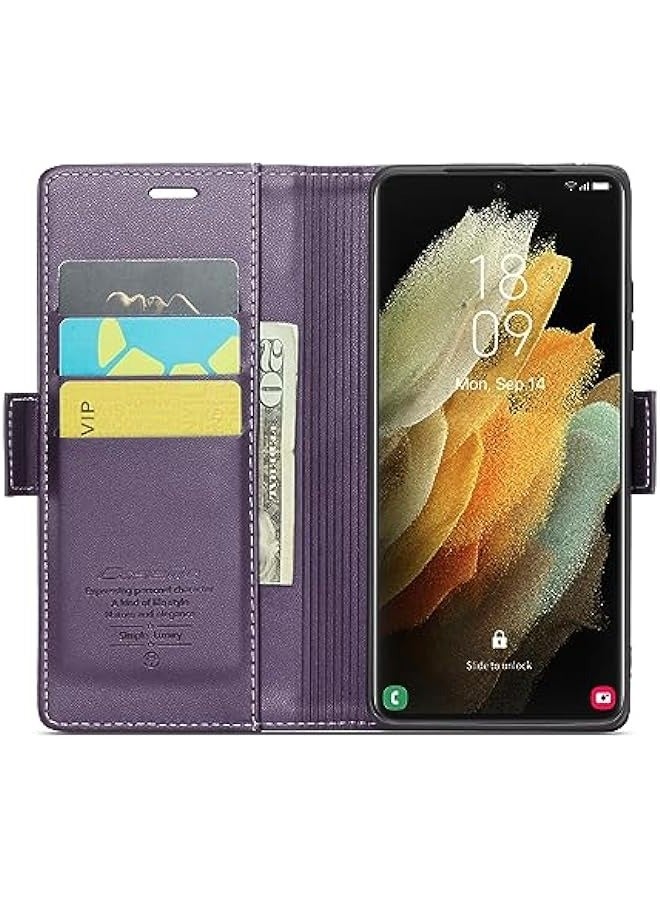Samsung Galaxy S21 ULTRA RFID Blocking Case with Card Holder - Durable Leather Flip Case (Purple) - Image 2