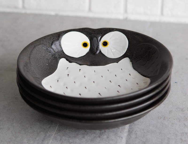 Ebros Gift Ebros Pack Of 4 Kitchen Dining Whimsical Owl Porcelain Earthenware Lunch Entree Dessert Salad Round Deep Plates Or Shallow Bowls Dishwasher And Microwave Safe Black - Image 1