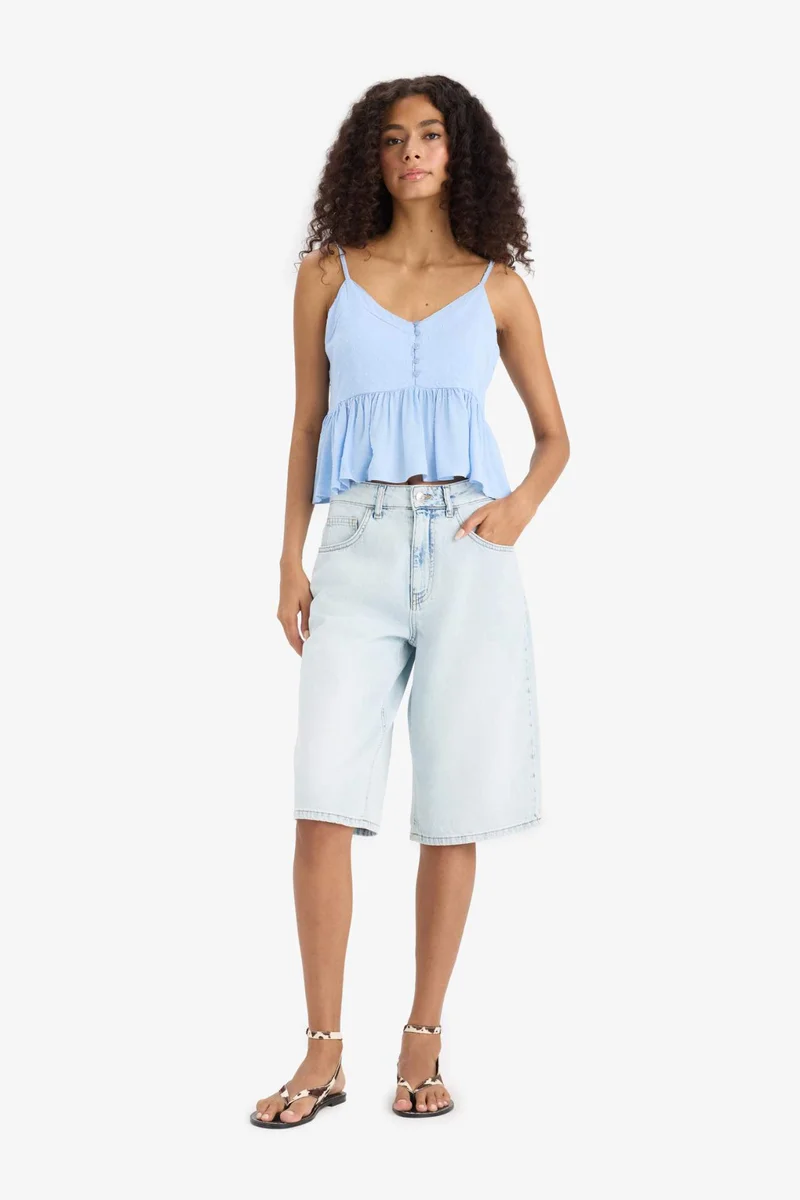 ديفاكتو Regular Fit V Neck Viscose Strappy Blouse