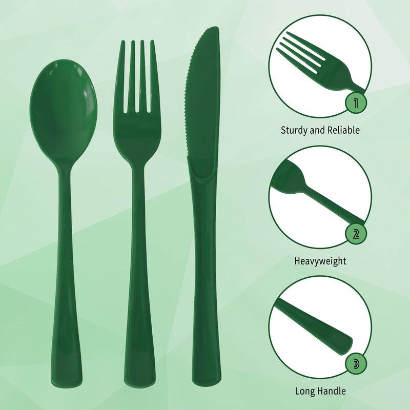 JSQBSECL 150 Pack Plastic Silverware Disposable Cutlery Set Heavy Duty Utensil Sets 50 Forks 50 Knives 50 Spoons for Brithday  Wedding Home Office School Party Picnics (Green) - Image 2