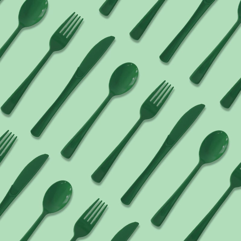 JSQBSECL 150 Pack Plastic Silverware Disposable Cutlery Set Heavy Duty Utensil Sets 50 Forks 50 Knives 50 Spoons for Brithday  Wedding Home Office School Party Picnics (Green) - Image 3