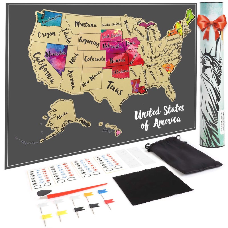 JARLINK Scratch Off USA Map Poster, 12x17 inches United States Map with Unique Accessories Set, Personalized Travel Poster, Gift for Travelers - Image 1