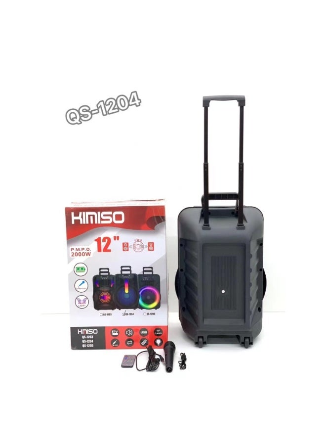كيميسو سماعة كيميسو QS-1204 محمولة بعجلة مقاس 12 بوصة مع مقبض وميكروفون – بلوتوث، USB، راديو FM، بطارية قابلة لإعادة الشحن، أضواء LED - Image 2