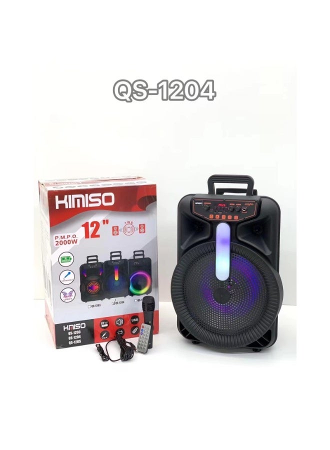 كيميسو سماعة كيميسو QS-1204 محمولة بعجلة مقاس 12 بوصة مع مقبض وميكروفون – بلوتوث، USB، راديو FM، بطارية قابلة لإعادة الشحن، أضواء LED - Image 4