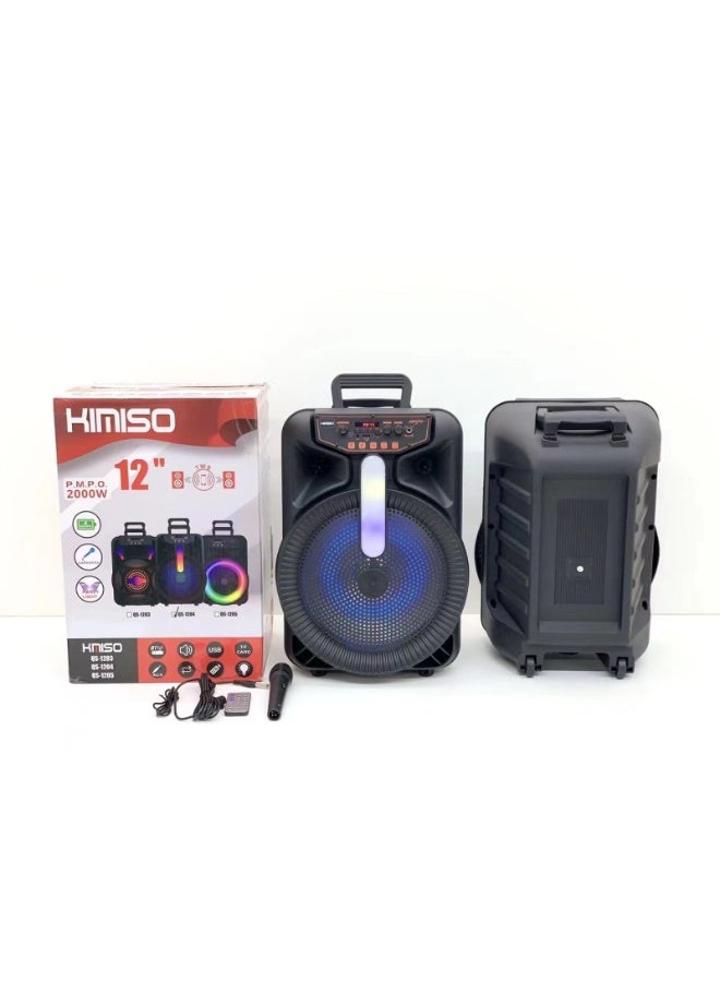 كيميسو سماعة كيميسو QS-1204 محمولة بعجلة مقاس 12 بوصة مع مقبض وميكروفون – بلوتوث، USB، راديو FM، بطارية قابلة لإعادة الشحن، أضواء LED - Image 5