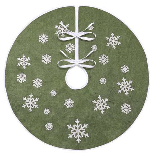 MACTING Christmas Small Tree Skirt, 30 Inch Green Burlap Tree Mat with White Snowflake Printed for 5FT Xmas Tree Farmhouse Holiday Party Indoor Home Decorations - Image 1