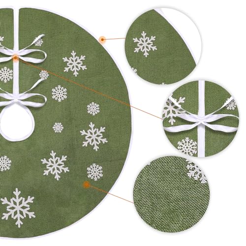 MACTING Christmas Small Tree Skirt, 30 Inch Green Burlap Tree Mat with White Snowflake Printed for 5FT Xmas Tree Farmhouse Holiday Party Indoor Home Decorations - Image 4
