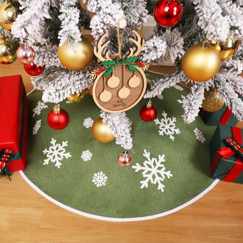 MACTING Christmas Small Tree Skirt, 30 Inch Green Burlap Tree Mat with White Snowflake Printed for 5FT Xmas Tree Farmhouse Holiday Party Indoor Home Decorations - Image 2