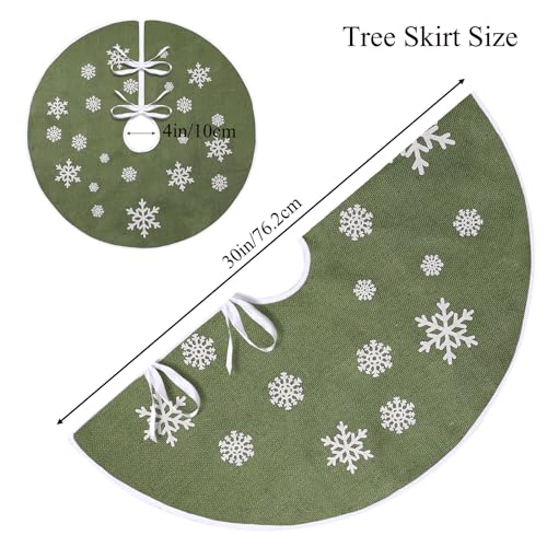 MACTING Christmas Small Tree Skirt, 30 Inch Green Burlap Tree Mat with White Snowflake Printed for 5FT Xmas Tree Farmhouse Holiday Party Indoor Home Decorations - Image 5