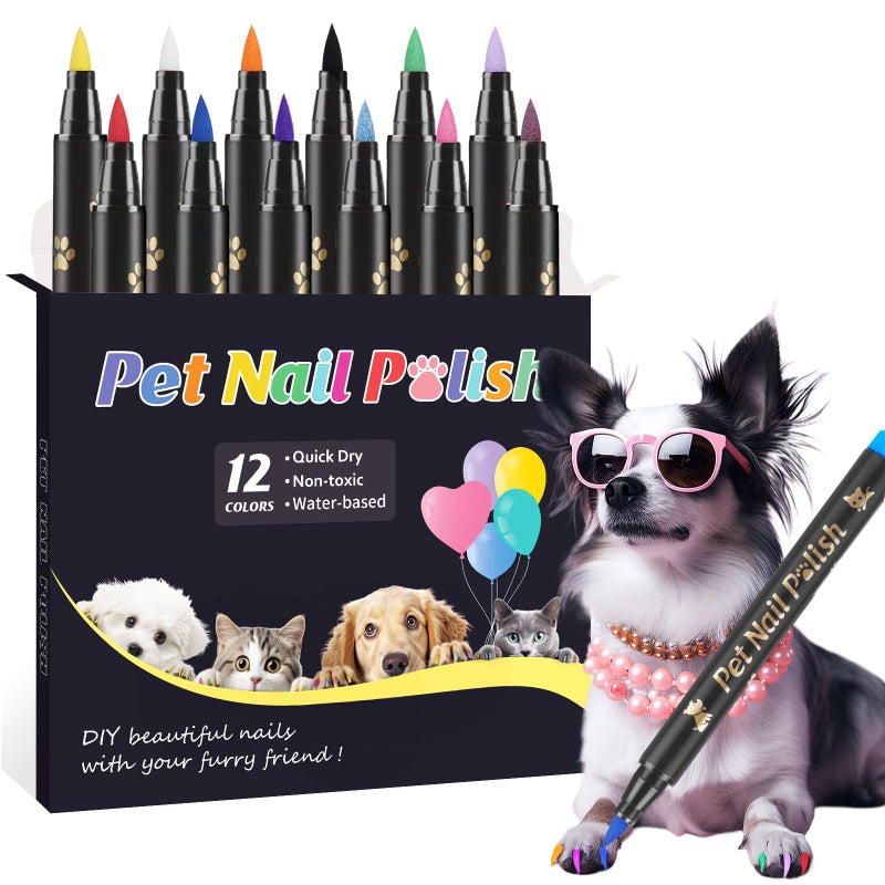 Cherocito Dog Nail Polish Pens Quick Dry,12 Colors Safe Dog Nail Polish Set to DIY Pretty Nails, Ideal Gifts for Dogs Cats Light Dark Nails, Odorless, Non-Toxic, Water-Based Pet Nail Accessories Set - Image 1