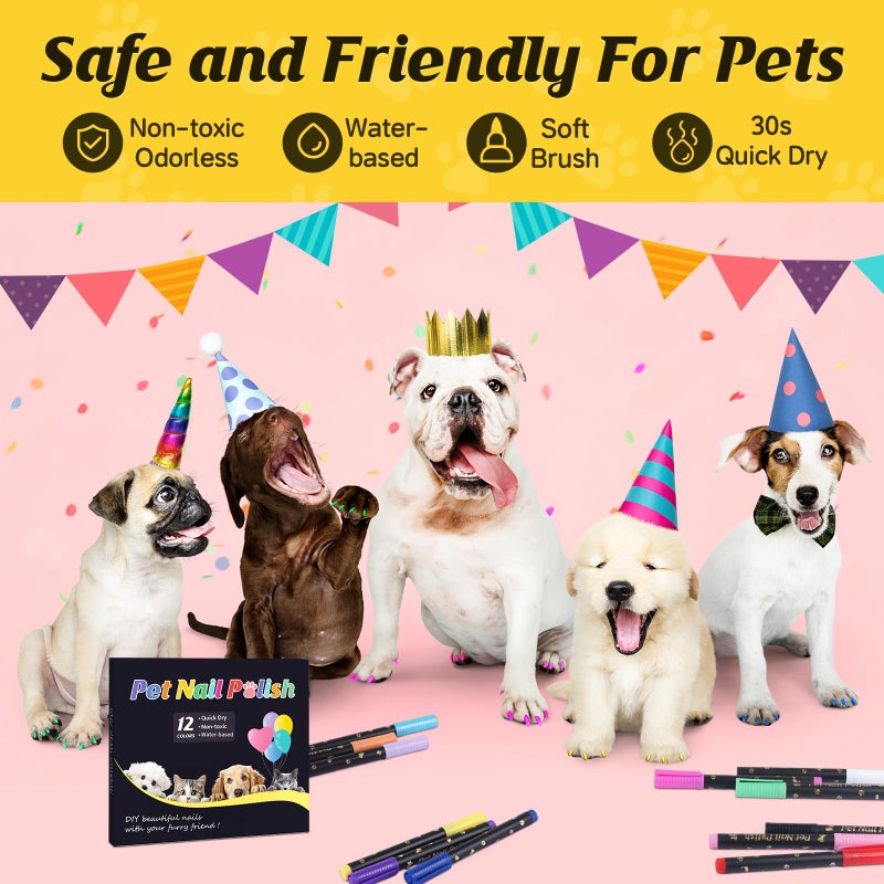 Cherocito Dog Nail Polish Pens Quick Dry,12 Colors Safe Dog Nail Polish Set to DIY Pretty Nails, Ideal Gifts for Dogs Cats Light Dark Nails, Odorless, Non-Toxic, Water-Based Pet Nail Accessories Set - Image 3