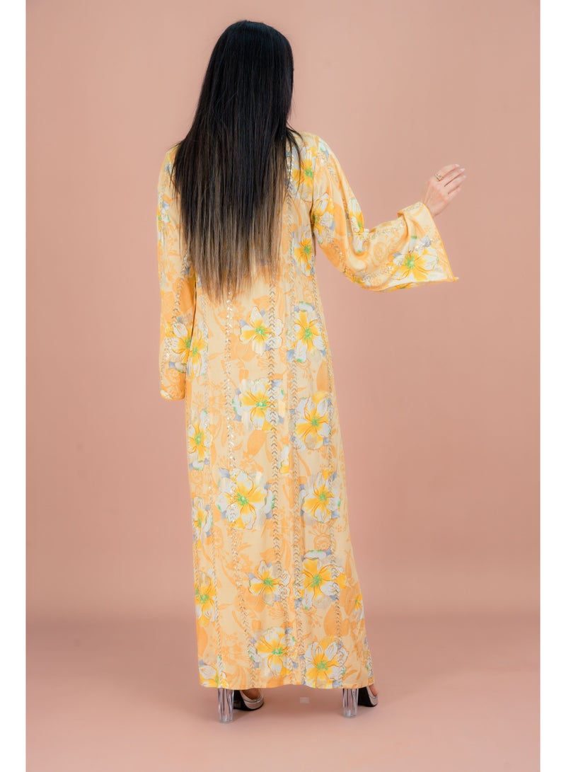 اكسا جلابية ياقة أنيقة بنقوش زهور أصفر - Image 4