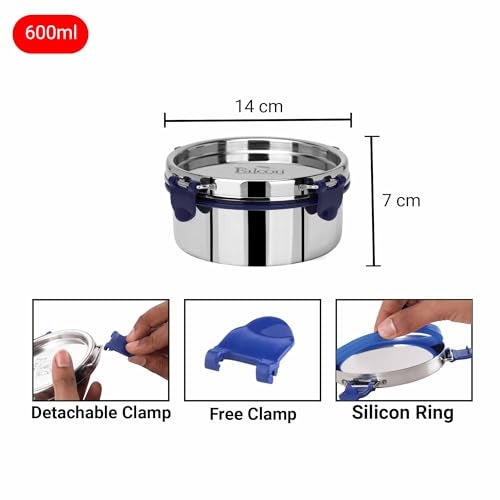 PDDFALCON EcoNxt Stainless Steel Lunch Box Set,With Airtight Lids,Easy to Clean,100% Leakproof With BIS Certified, Jindal Seal & Made In India Perfect for Office, School- Blue (600ml) - Image 3