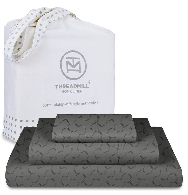 Threadmill Threadmill 500 Thread Count Twin-XL Size 3 Pc Luxury Cotton Bed Sheet Set  Jacquard Floria Dark Grey  Breathable Sheets with 15"" Elasticized Deep Pocket  1 Pillowcase & Free Tote Bag  - Image 1
