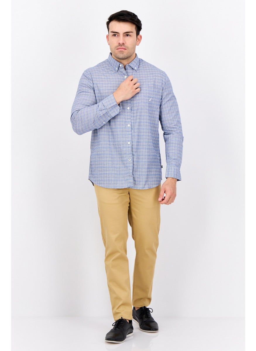 NAUTICA Men Classic Fit Checkered Long Sleeves Casual Shirts, White/Blue  - Image 4