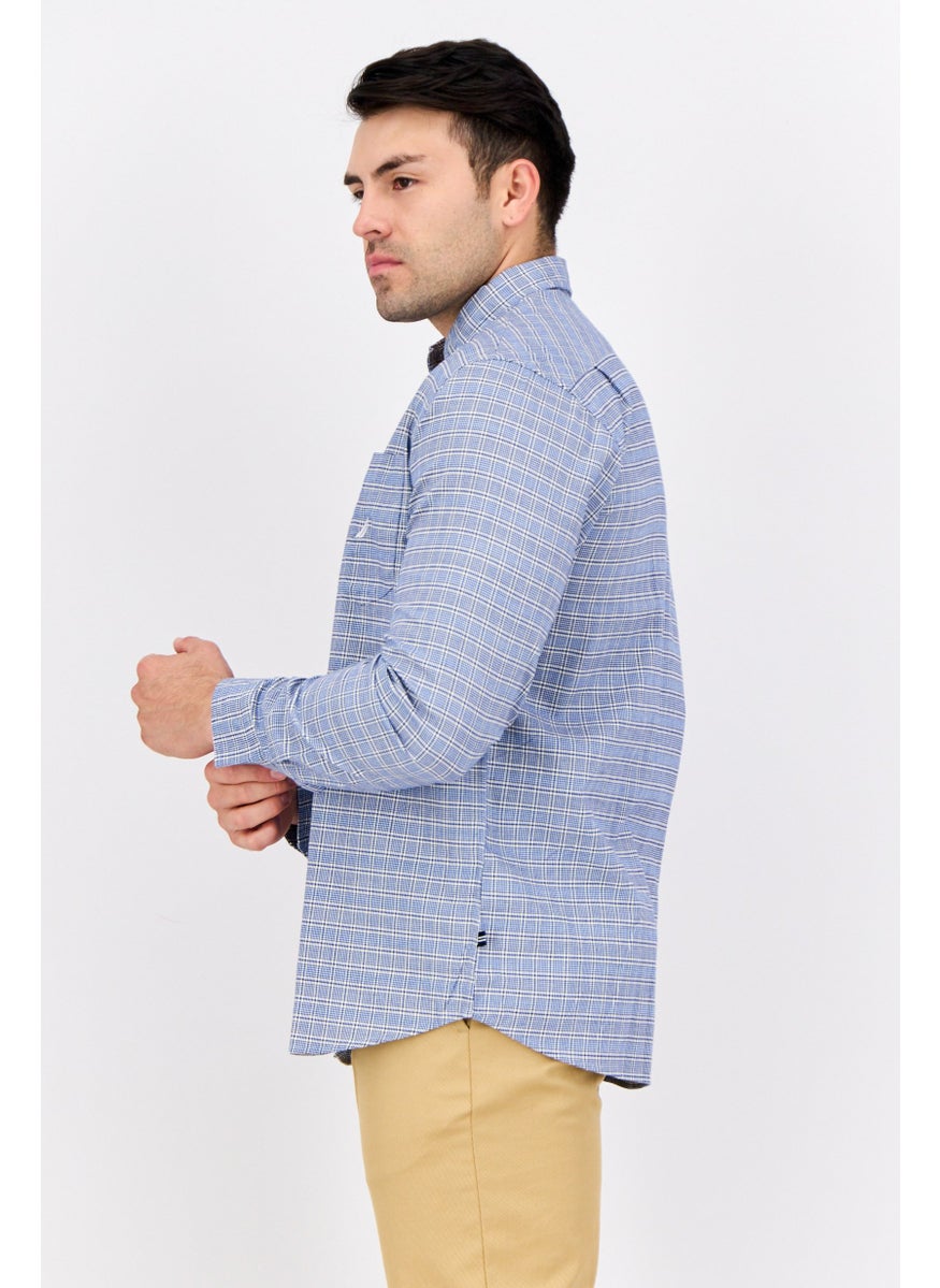 NAUTICA Men Classic Fit Checkered Long Sleeves Casual Shirts, White/Blue  - Image 2