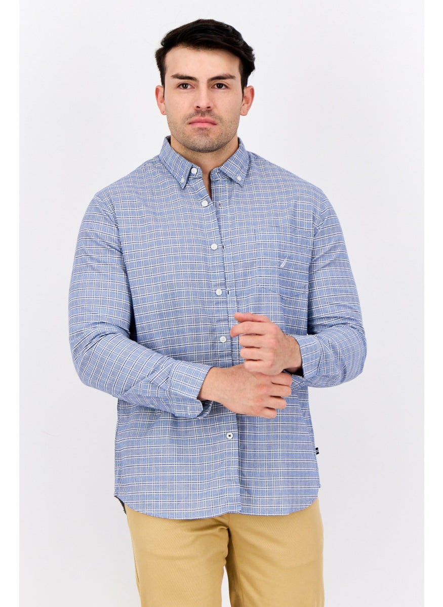 NAUTICA Men Classic Fit Checkered Long Sleeves Casual Shirts, White/Blue  - Image 1