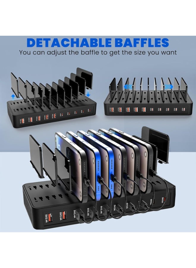 ORIONMAX 10 Port USB Charging Station 100W Multi Device Charging Dock, 5 USB-A & 5 USB-C Ports, Smart IC Desktop Charging Hub with Adjustable Dividers for iPhone, iPad, Samsung, Tablets and More Black (Cables Not Included) - Image 4