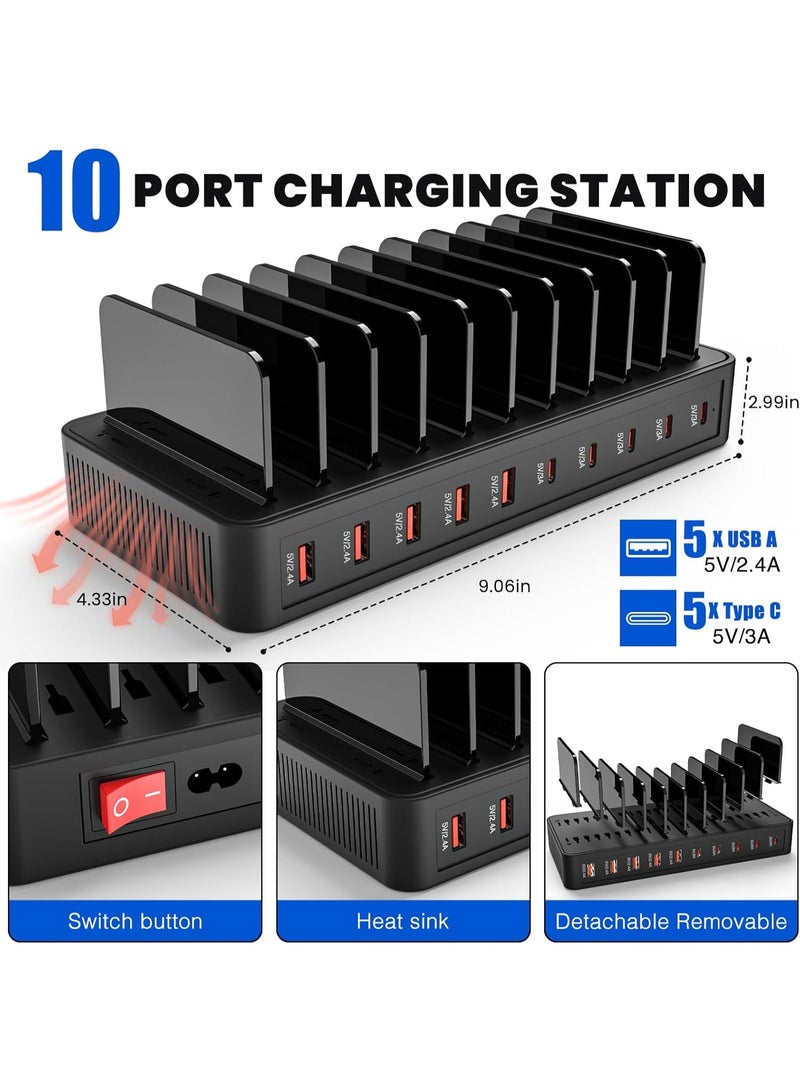 ORIONMAX 10 Port USB Charging Station 100W Multi Device Charging Dock, 5 USB-A & 5 USB-C Ports, Smart IC Desktop Charging Hub with Adjustable Dividers for iPhone, iPad, Samsung, Tablets and More Black (Cables Not Included) - Image 3