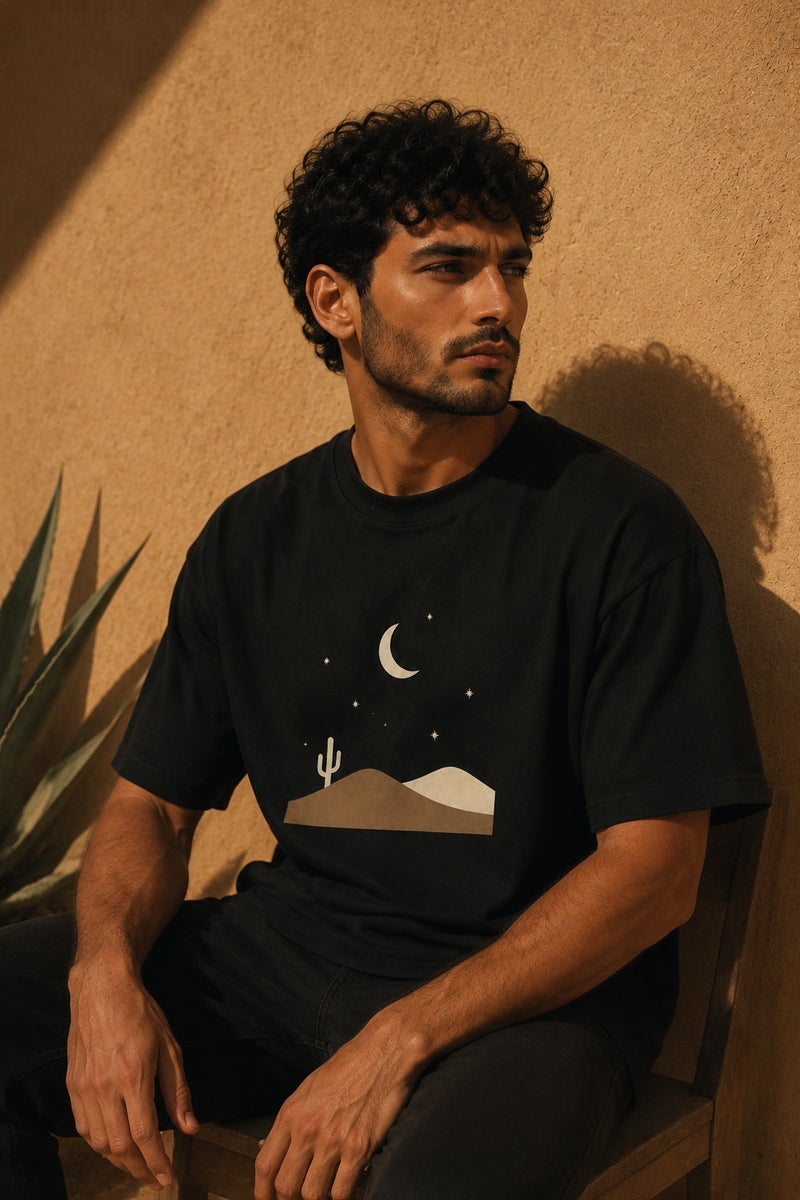 Men's Black Desert Moon Graphic T-Shirt Casual Short Sleeve Crew Neck Oversized Streetwear Tee - Image 4