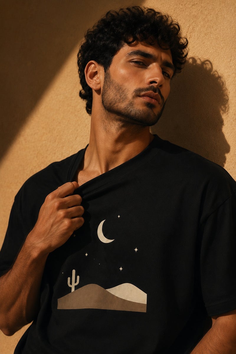 Men's Black Desert Moon Graphic T-Shirt Casual Short Sleeve Crew Neck Oversized Streetwear Tee - Image 5