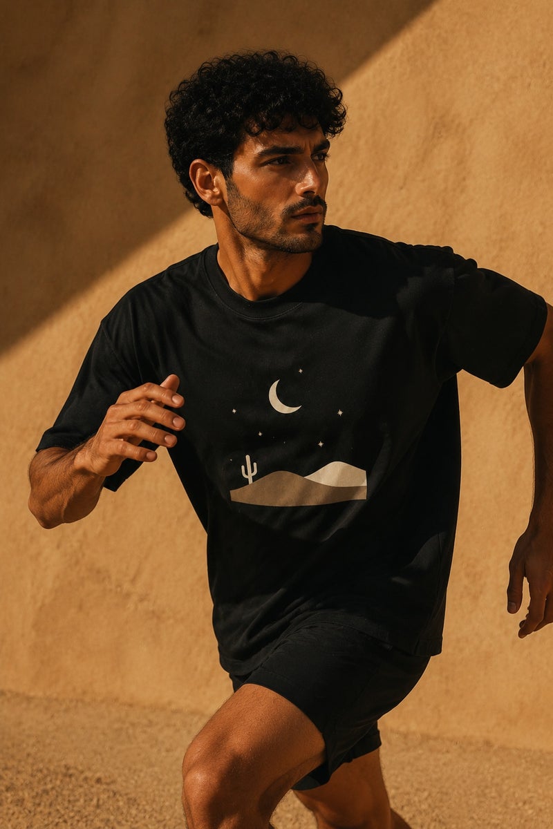 Men's Black Desert Moon Graphic T-Shirt Casual Short Sleeve Crew Neck Oversized Streetwear Tee - Image 3