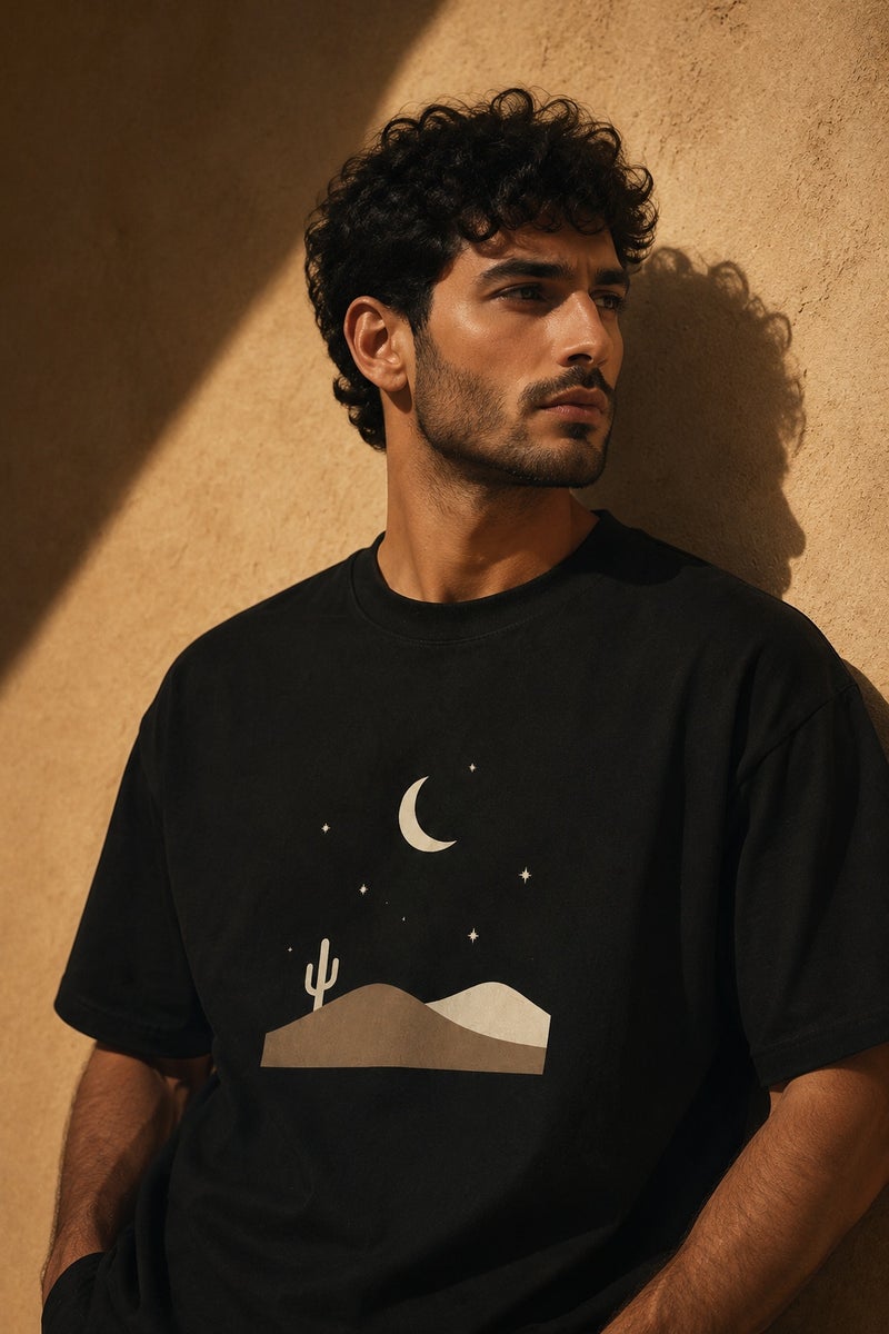 Men's Black Desert Moon Graphic T-Shirt Casual Short Sleeve Crew Neck Oversized Streetwear Tee - Image 1