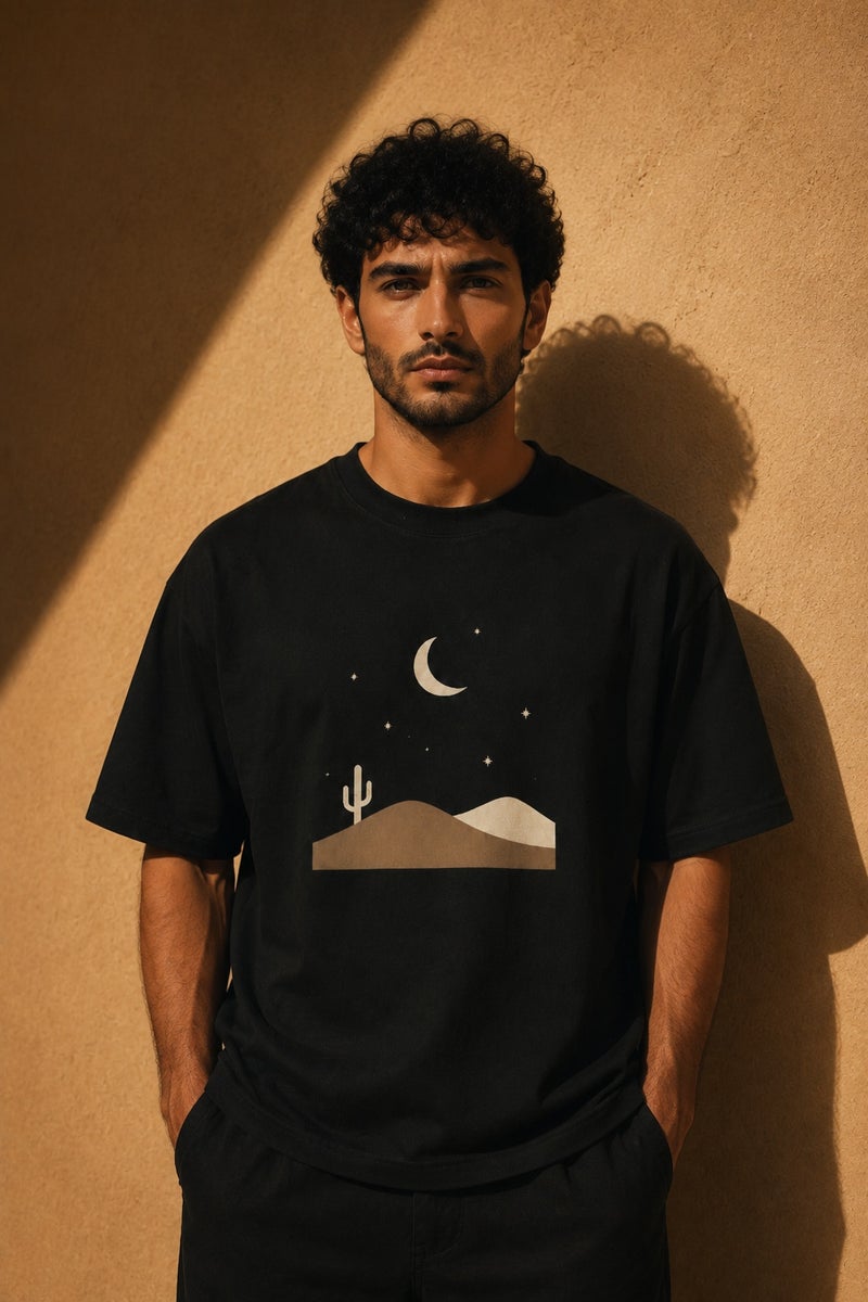 Men's Black Desert Moon Graphic T-Shirt Casual Short Sleeve Crew Neck Oversized Streetwear Tee - Image 2