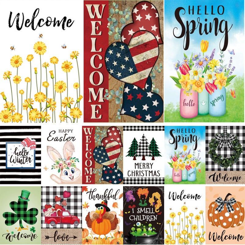 Pating Seasonal Garden Flags Set of 12 Double Sided 12 x 18 Inch Yard Flags,small garden flags for outside, Christmas Spring Seasonal Flags for Outdoor Decorations,Holiday Garden Flags for All Seasons - Image 1