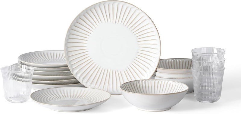 Stone Lain Linea 16Piece Dinnerware Set Stoneware Soda Lime Glass White - Image 2