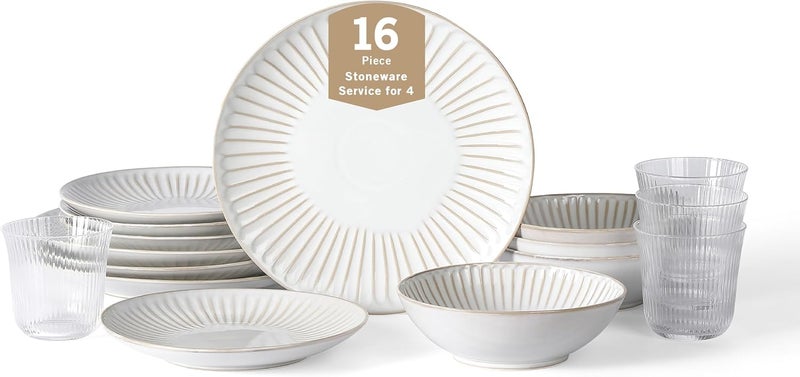 Stone Lain Linea 16Piece Dinnerware Set Stoneware Soda Lime Glass White - Image 1