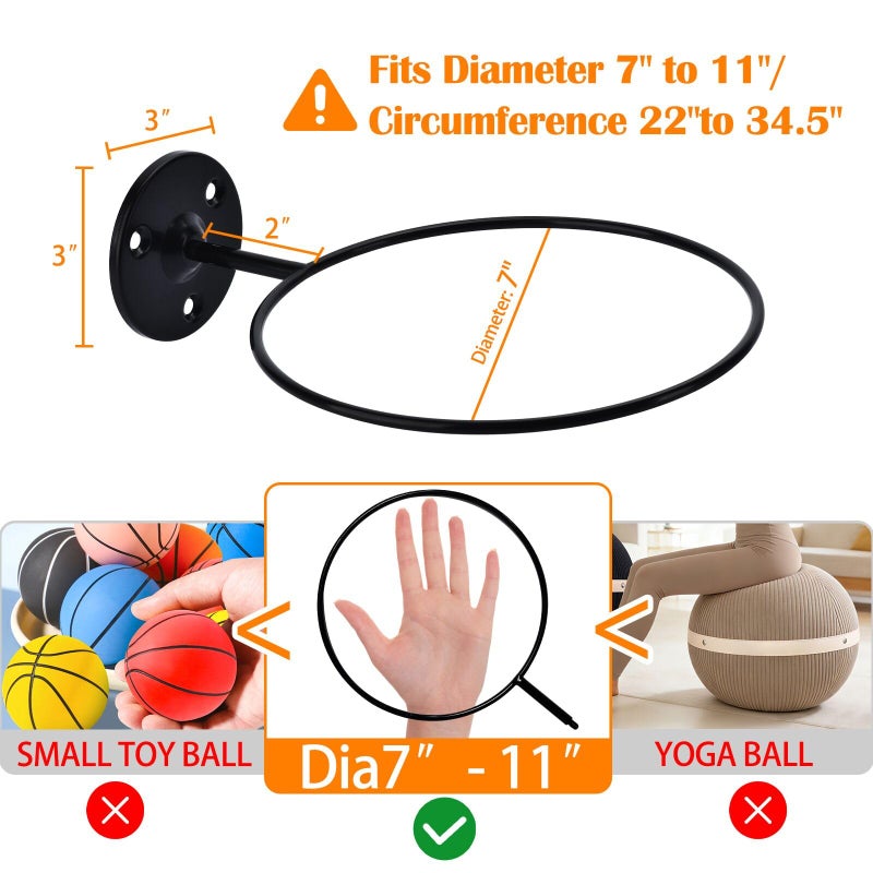 Lauvee Basketball Holder Wall Mount, 7 inch Diameter Metal Ball Holder, Ball Storage for Basketball, Football, Volleyball, Soccer, Ball Rack Display for Sports Accessories Organizer (Roll, 2 Pack) - Image 2