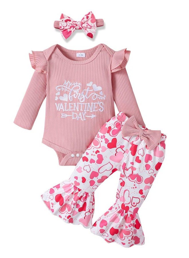 Noubeau My First Valentine's Day Outfits Newborn Baby Girl Outfits Long Sleeve Ribbed Romper Heart Flare Pant Headband 3Pcs(Romper-1,6-12 Months) - Image 1