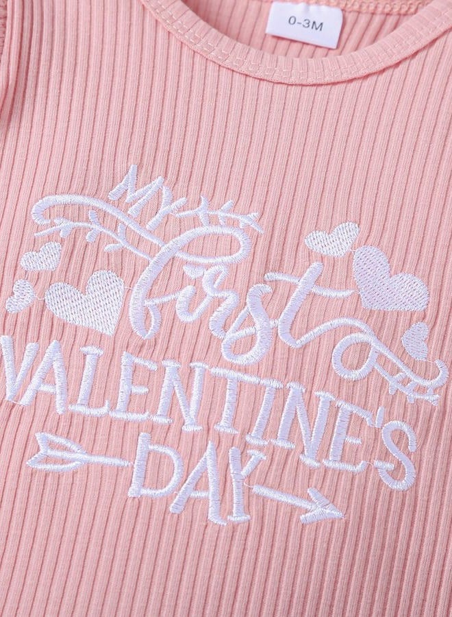 Noubeau My First Valentine's Day Outfits Newborn Baby Girl Outfits Long Sleeve Ribbed Romper Heart Flare Pant Headband 3Pcs(Romper-1,6-12 Months) - Image 4