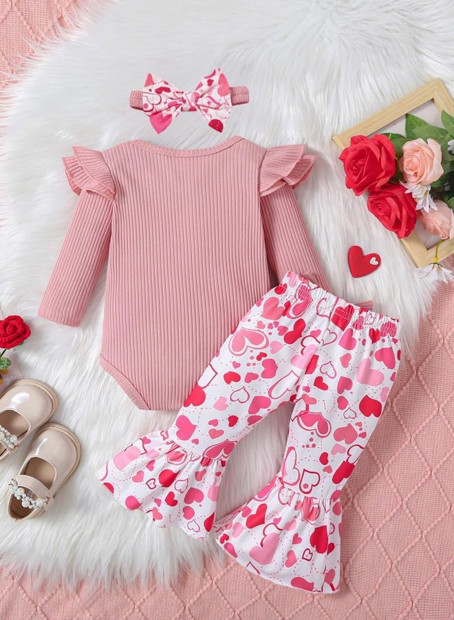 Noubeau My First Valentine's Day Outfits Newborn Baby Girl Outfits Long Sleeve Ribbed Romper Heart Flare Pant Headband 3Pcs(Romper-1,6-12 Months) - Image 3