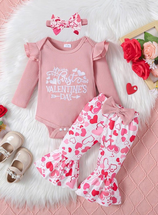 Noubeau My First Valentine's Day Outfits Newborn Baby Girl Outfits Long Sleeve Ribbed Romper Heart Flare Pant Headband 3Pcs(Romper-1,6-12 Months) - Image 2