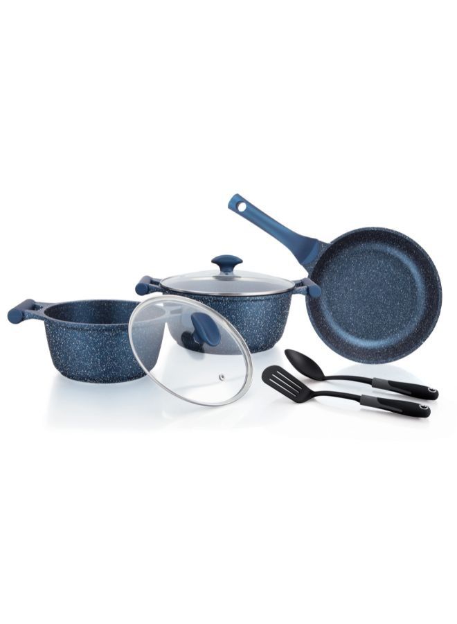Prestige Essentials Granite 7 Piece Non-Stick Cast Aluminium Cookware sets | Induction Base | Non Stick Aluminium | Granite Casserole | Granite Fry Pan Blue - Image 1